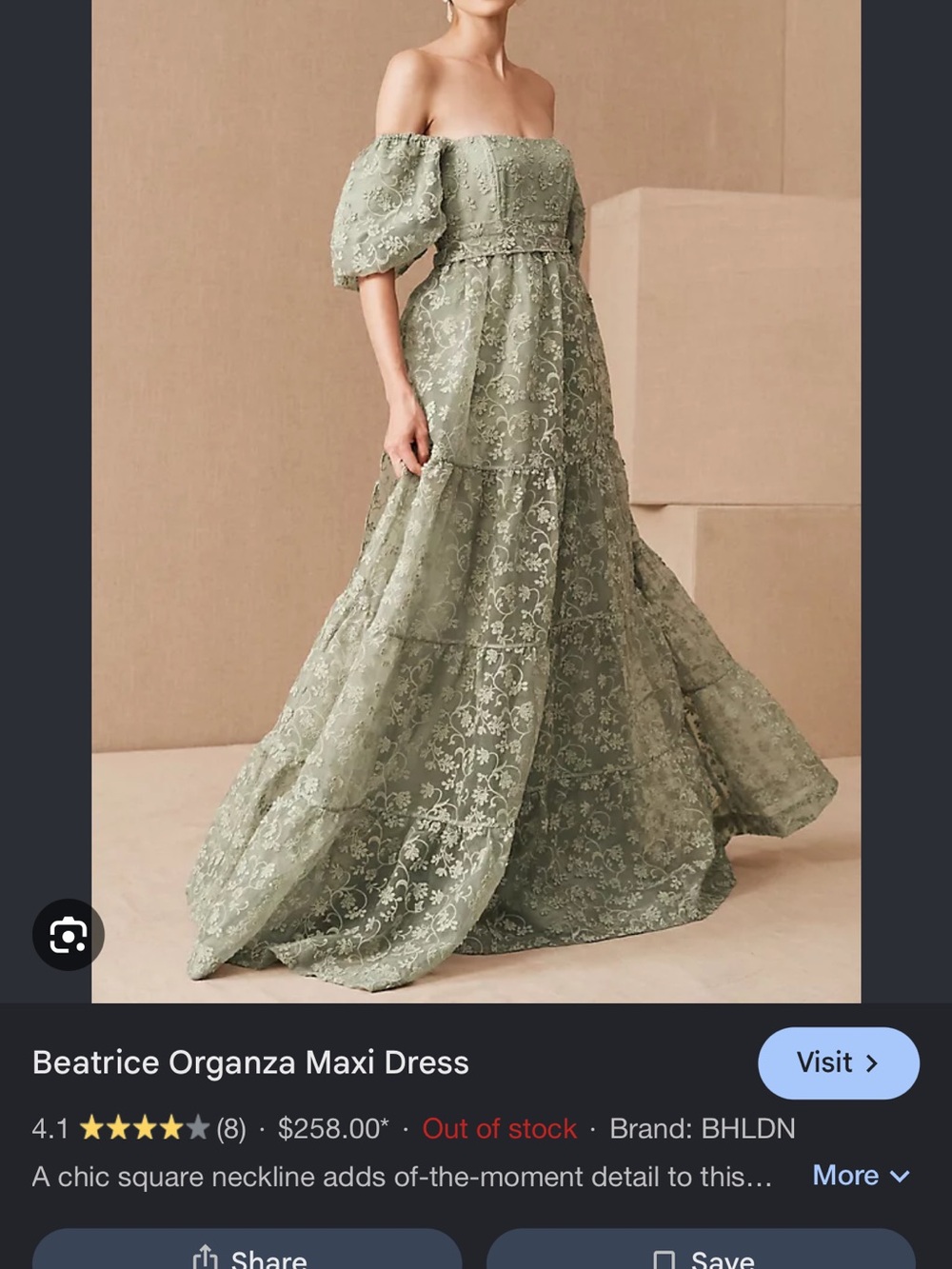 BHLDN Sage Green Beatrice Off-the-Shoulder Organza Maxi Dress